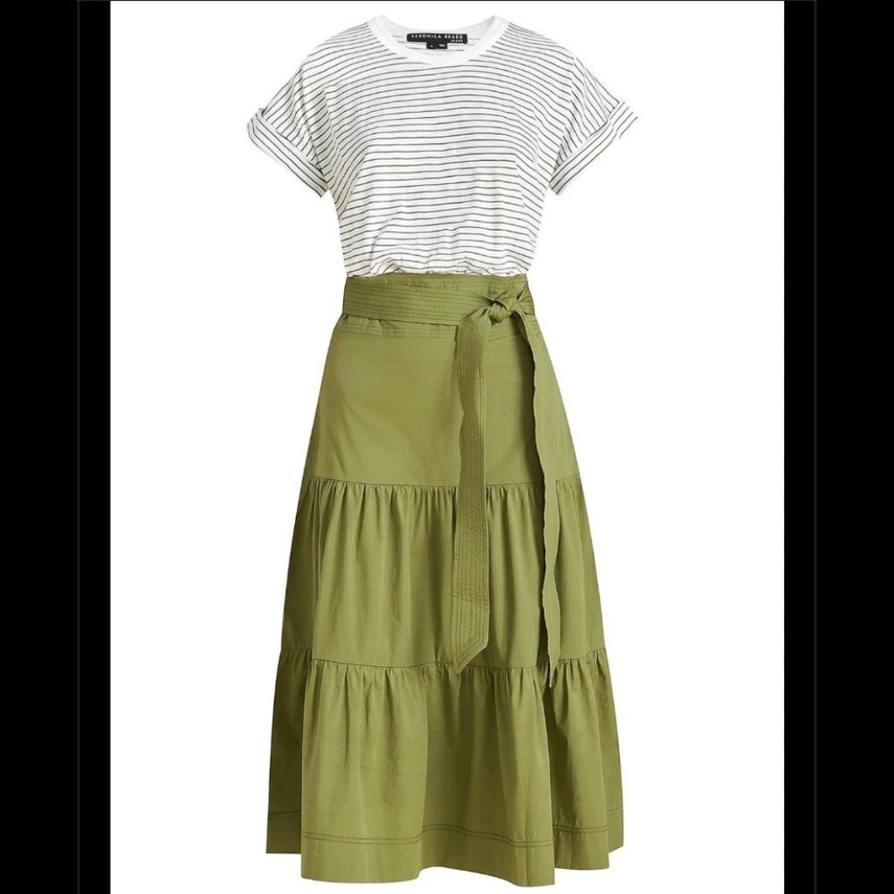 Veronica Beard Trail Mixed Media Dress Striped Green and White Dress Top Skirt M